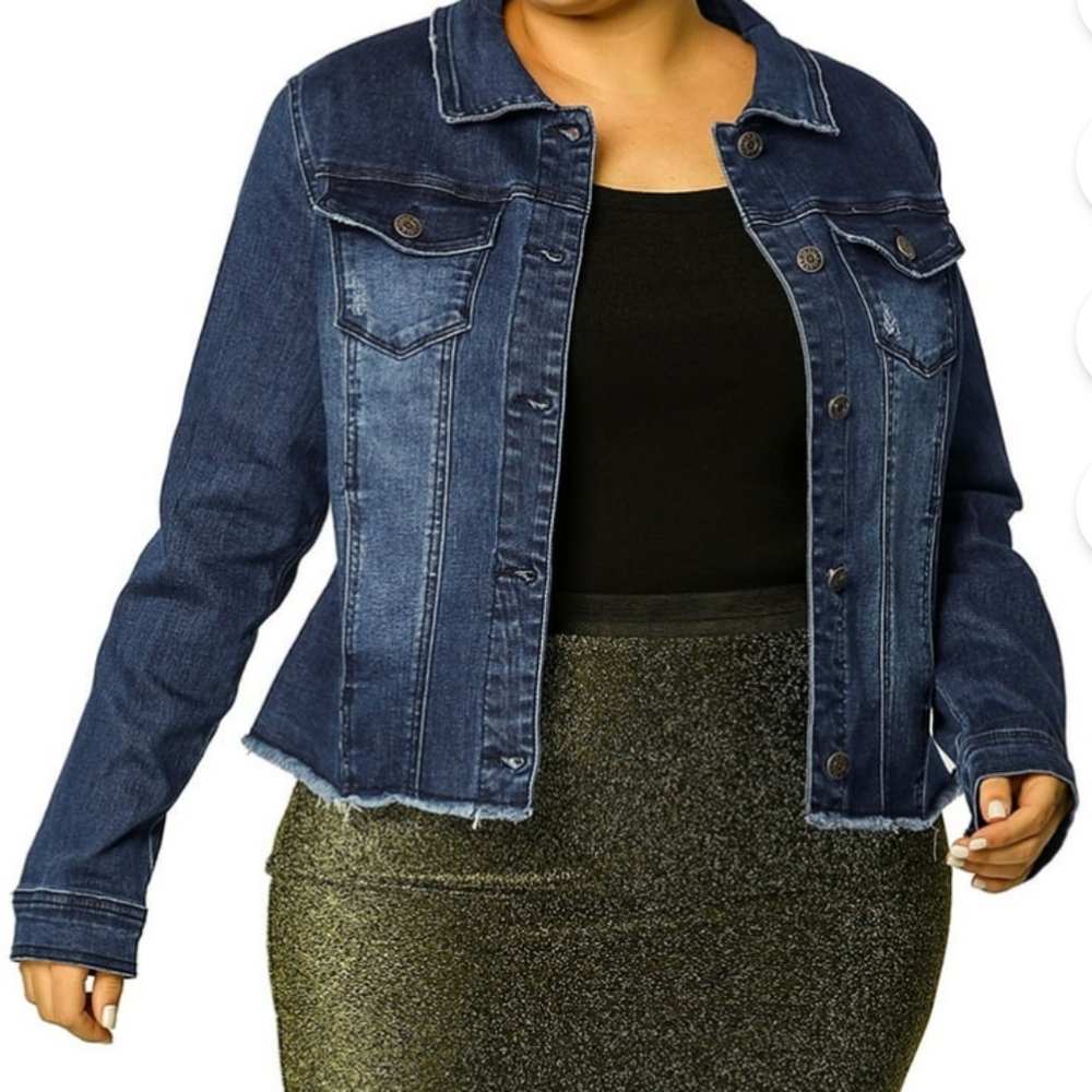 Anges Orinda Women's Plus Size 3X Classic Washed Frayed Edge Blue Denim Jacket